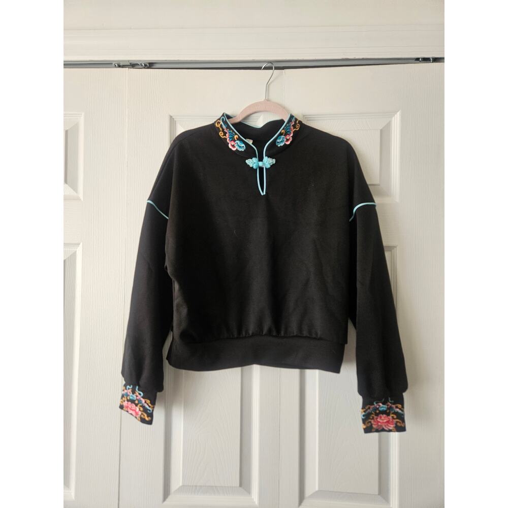 Black New Chinese Asian Inspired Frog Button Embroidered Sweatshirt, Women's M